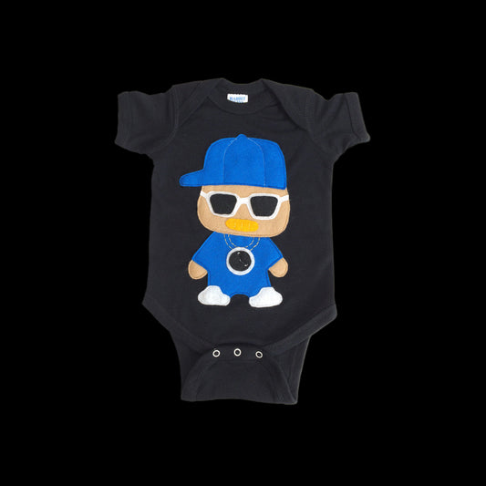 Black baby onesie with a cartoon character wearing a blue cap and sunglasses on a white background