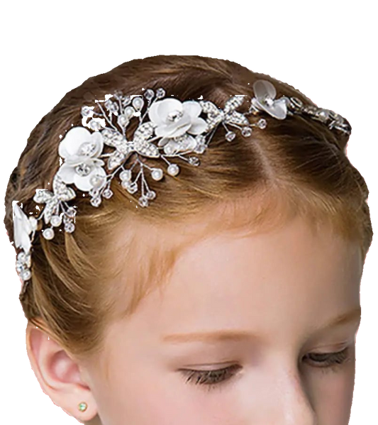 Young girl wearing a floral hair accessory with additional headbands displayed on a white background.