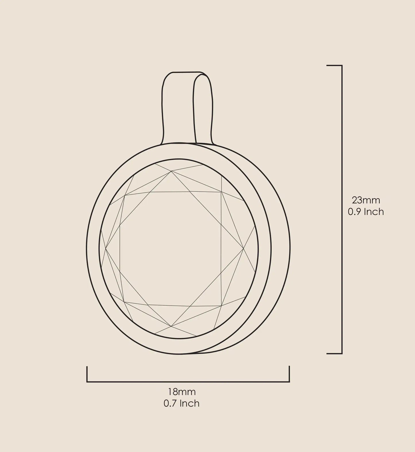 Line drawing of a geometric pendant with dimensions on a beige background