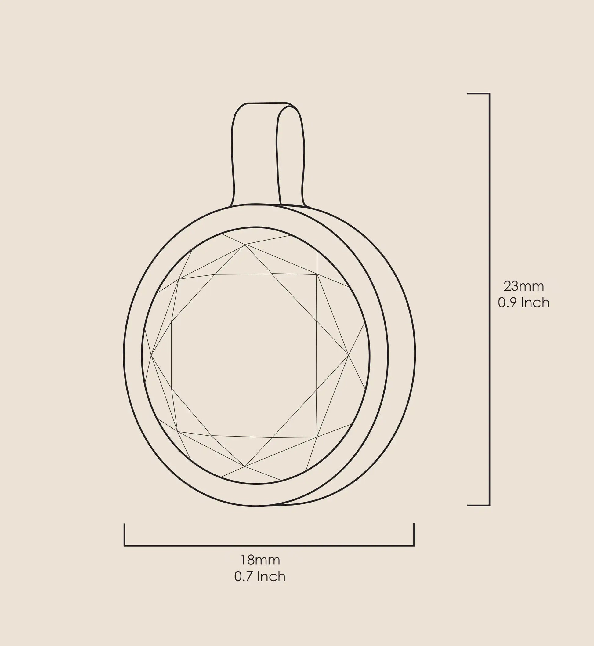 Line drawing of a geometric pendant with dimensions on a beige background