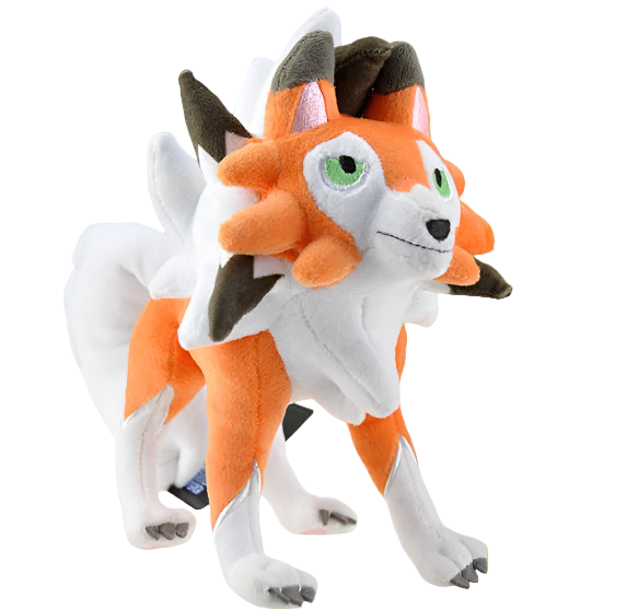 Plush toy of a fox-like creature with orange and white fur on a green background