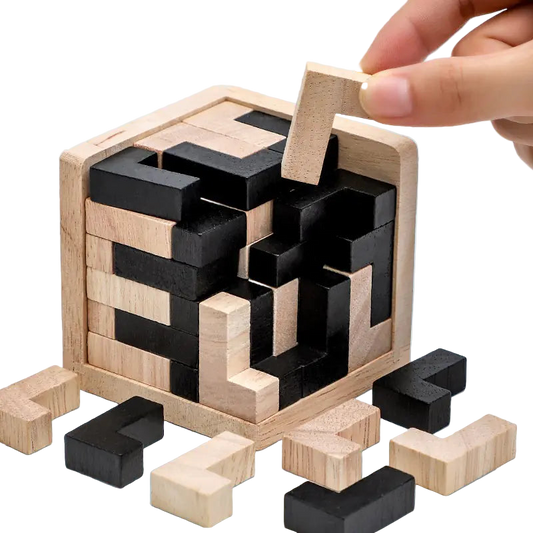 Wooden puzzle with black and natural wooden blocks on a light blue background