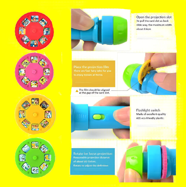 Colorful toy with projection slots and instructions on how to use it.