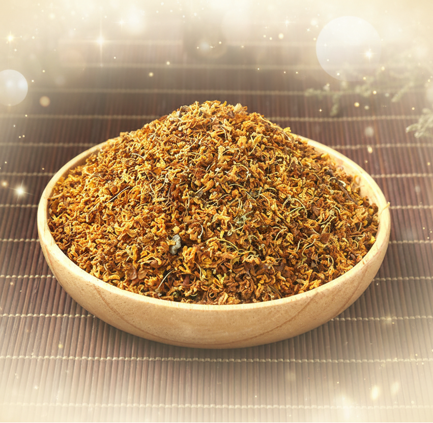 Dry flowers in a wooden bowl on a textured surface with Chinese text.