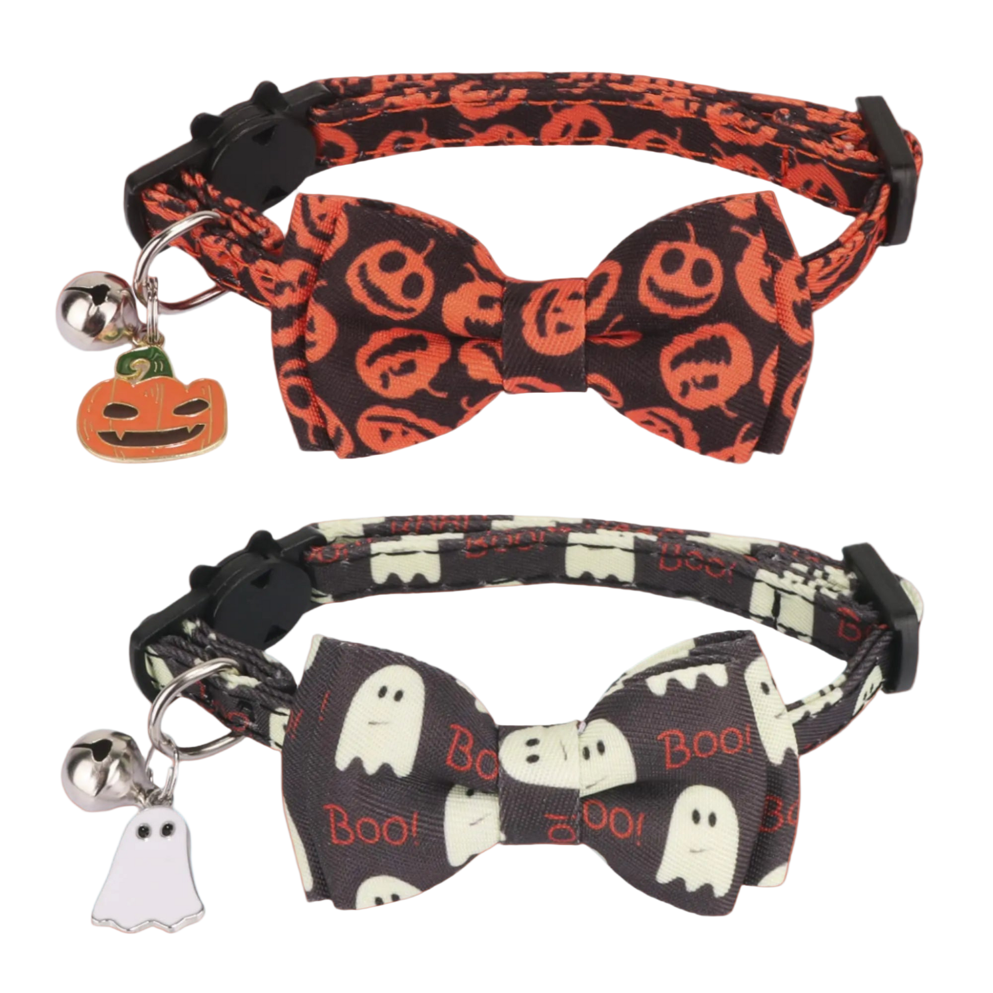 Halloween-themed dog collar and bow tie set with ghost and pumpkin designs on a white background.