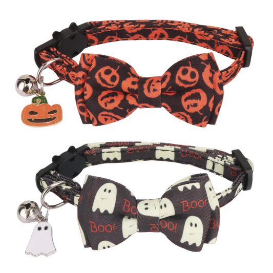Halloween-themed dog collar and bow tie set with ghost and pumpkin designs on a white background.