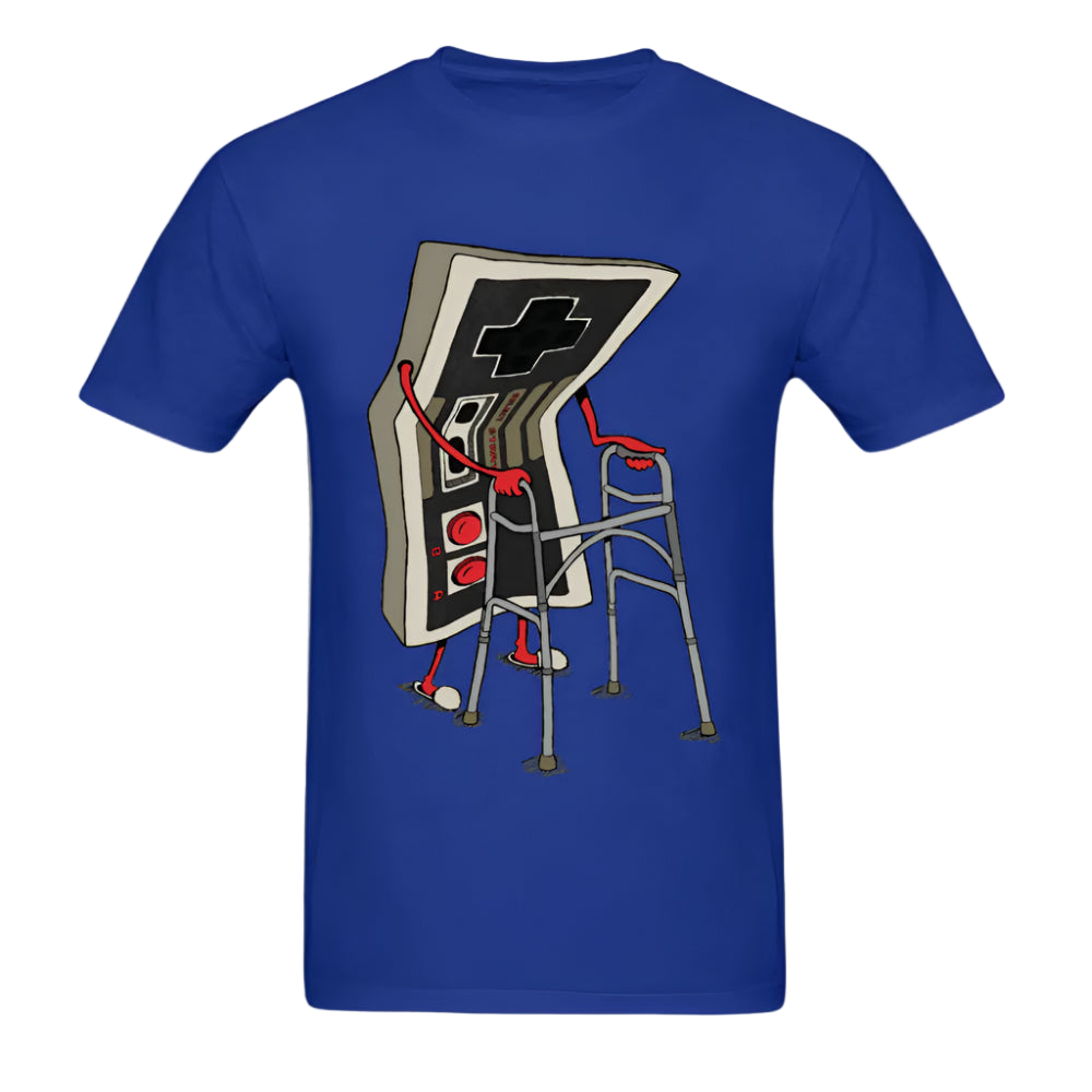 Blue t-shirt with a graphic design of a gaming controller and walker on a white background