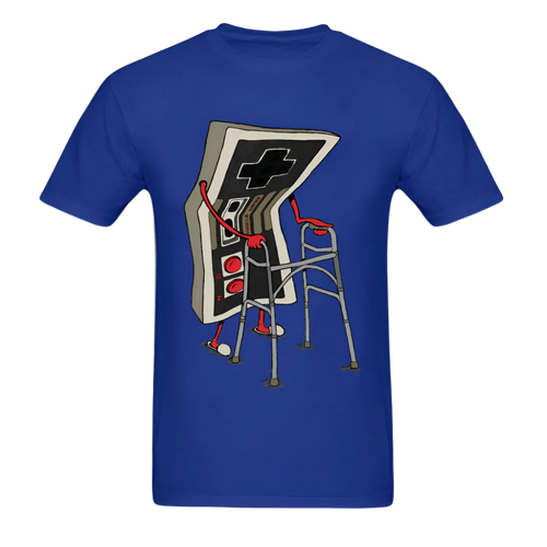 Blue t-shirt with a graphic design of a gaming controller and walker on a white background