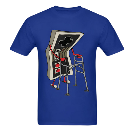 Blue t-shirt with a graphic design of a gaming controller and walker on a white background