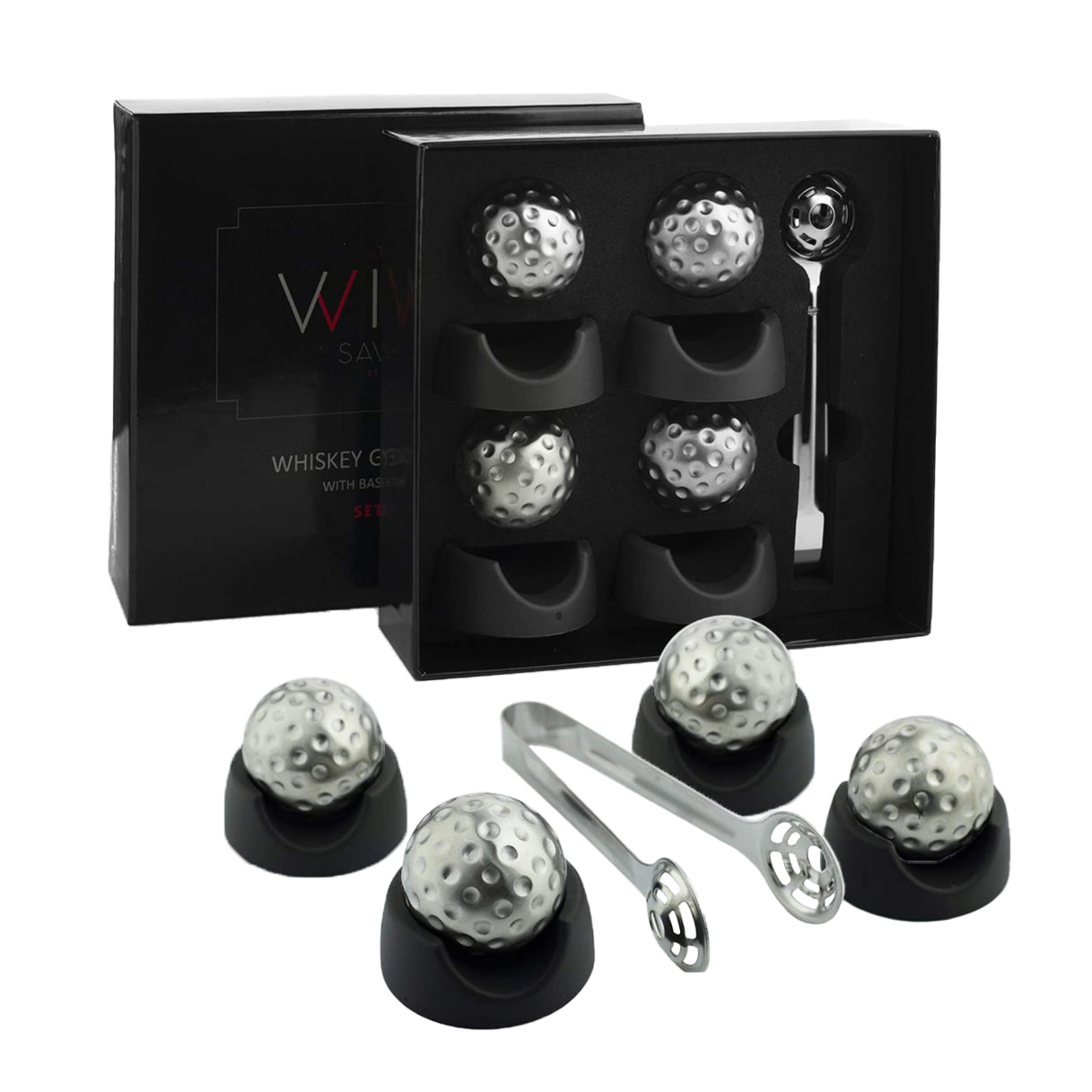 Set of whiskey stones with holders and tongs in a branded box on a white background