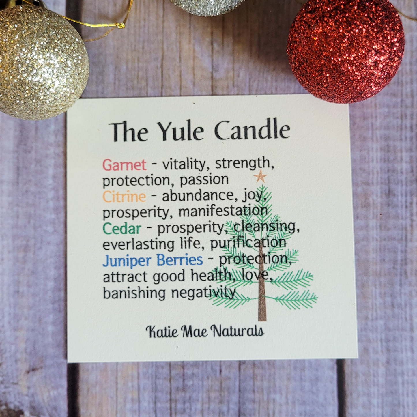 Card with Yule Candle information and tree illustration on a wooden background with festive ornaments.