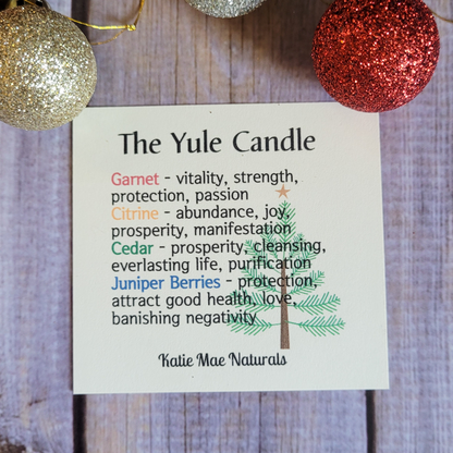 Card with Yule Candle information and tree illustration on a wooden background with festive ornaments.