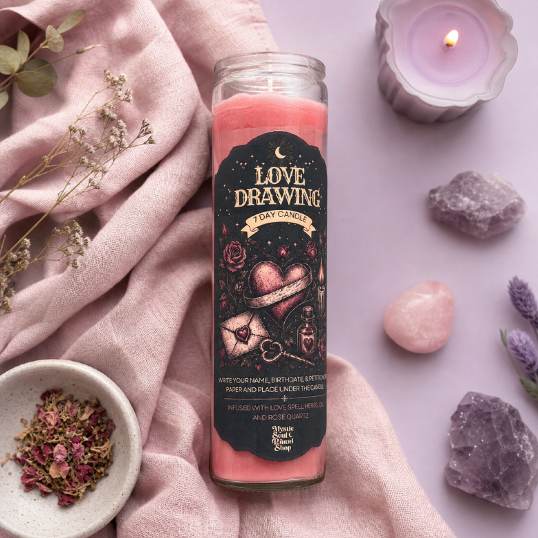 A pink glass jar candle with a black label reading 'LOVE DRAWING' and 'Tory Candy' is styled on a lavender background with pink fabric, crystals, dried flowers, and a lit purple candle.