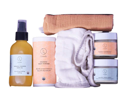 Set of skincare and wellness products in a box with Linum branding.