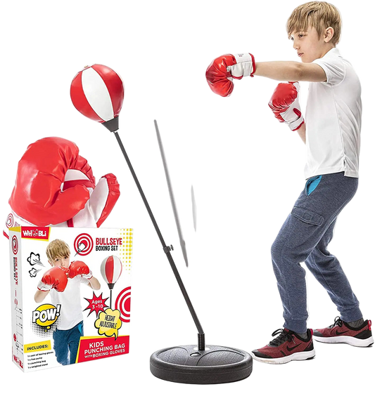 Child playing with a boxing set including gloves and punching bag, with packaging in the foreground.