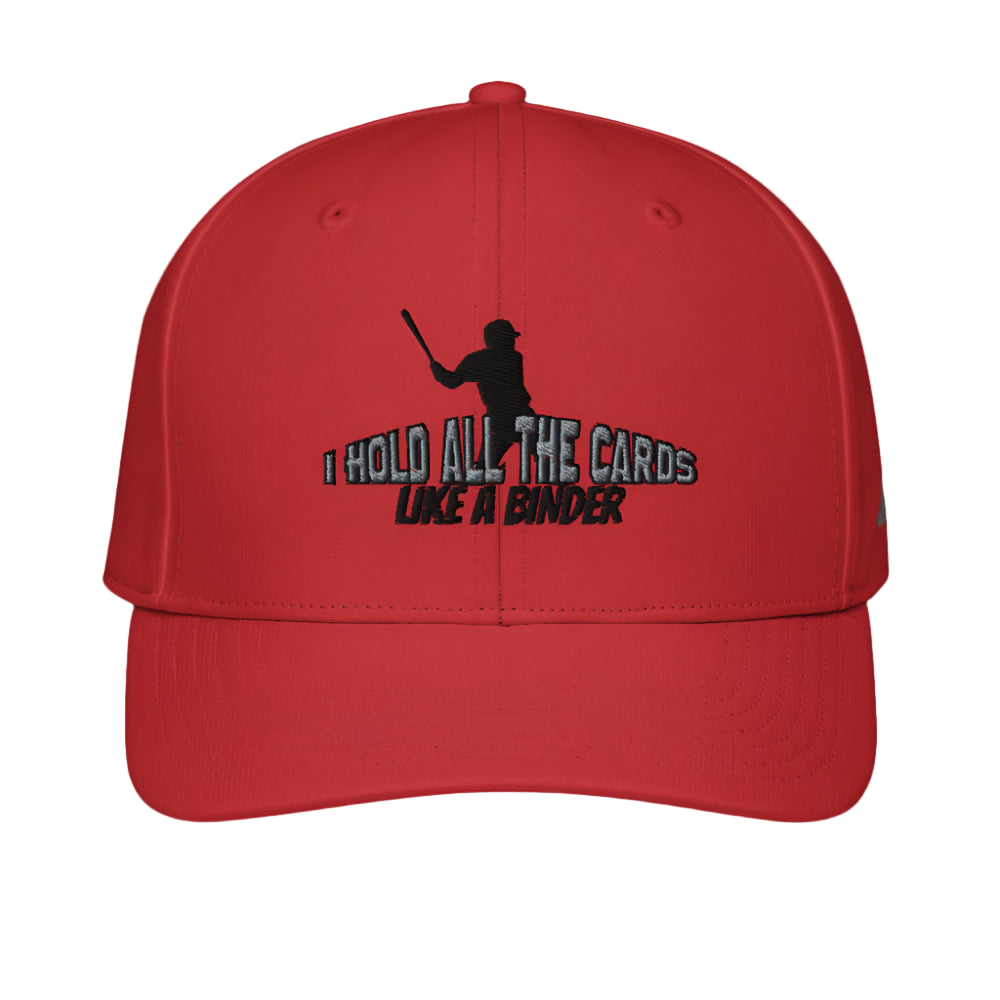 Red cap with black text and silhouette on a white background