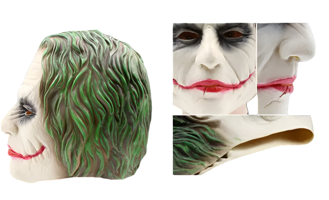 Joker mask with detailed hair and red lips, close-up views included.