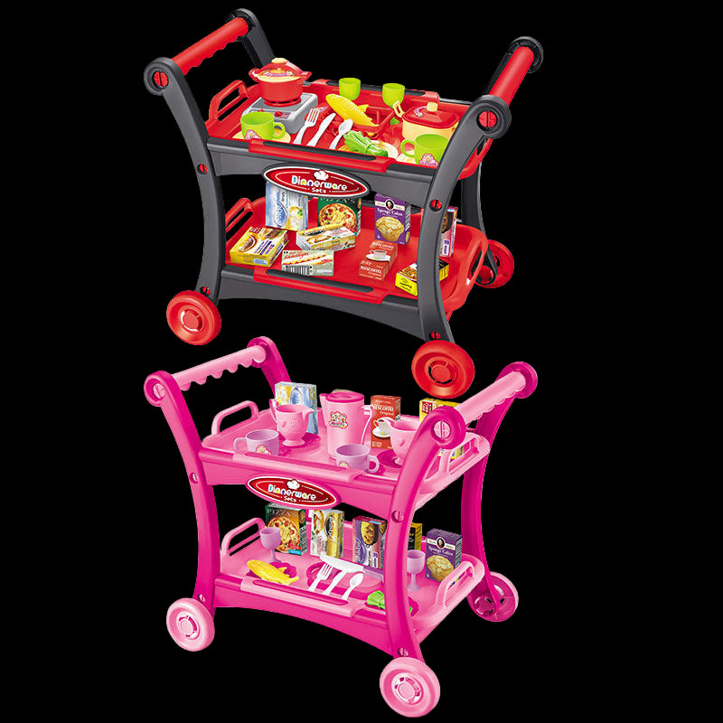 Red and pink toy shopping carts with various items on a white background