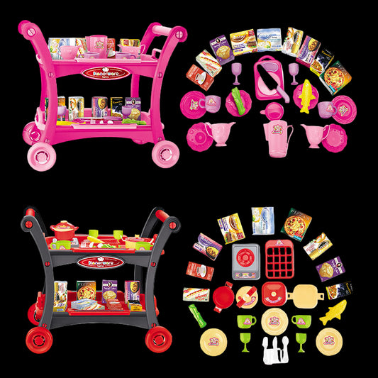 Toy shopping carts with various accessories on a white background