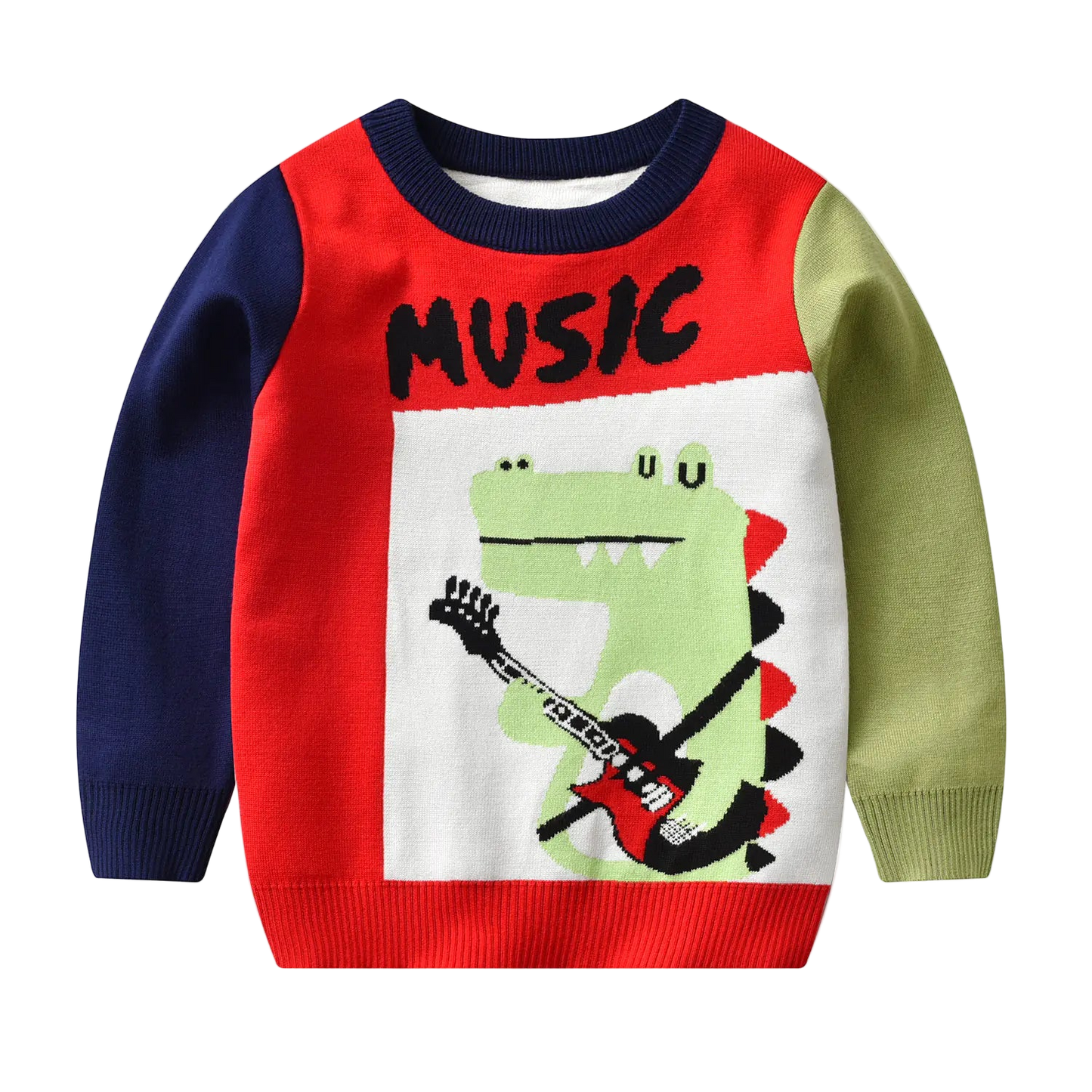 Children's sweater with a dinosaur playing guitar design and 'Music' text on a white background