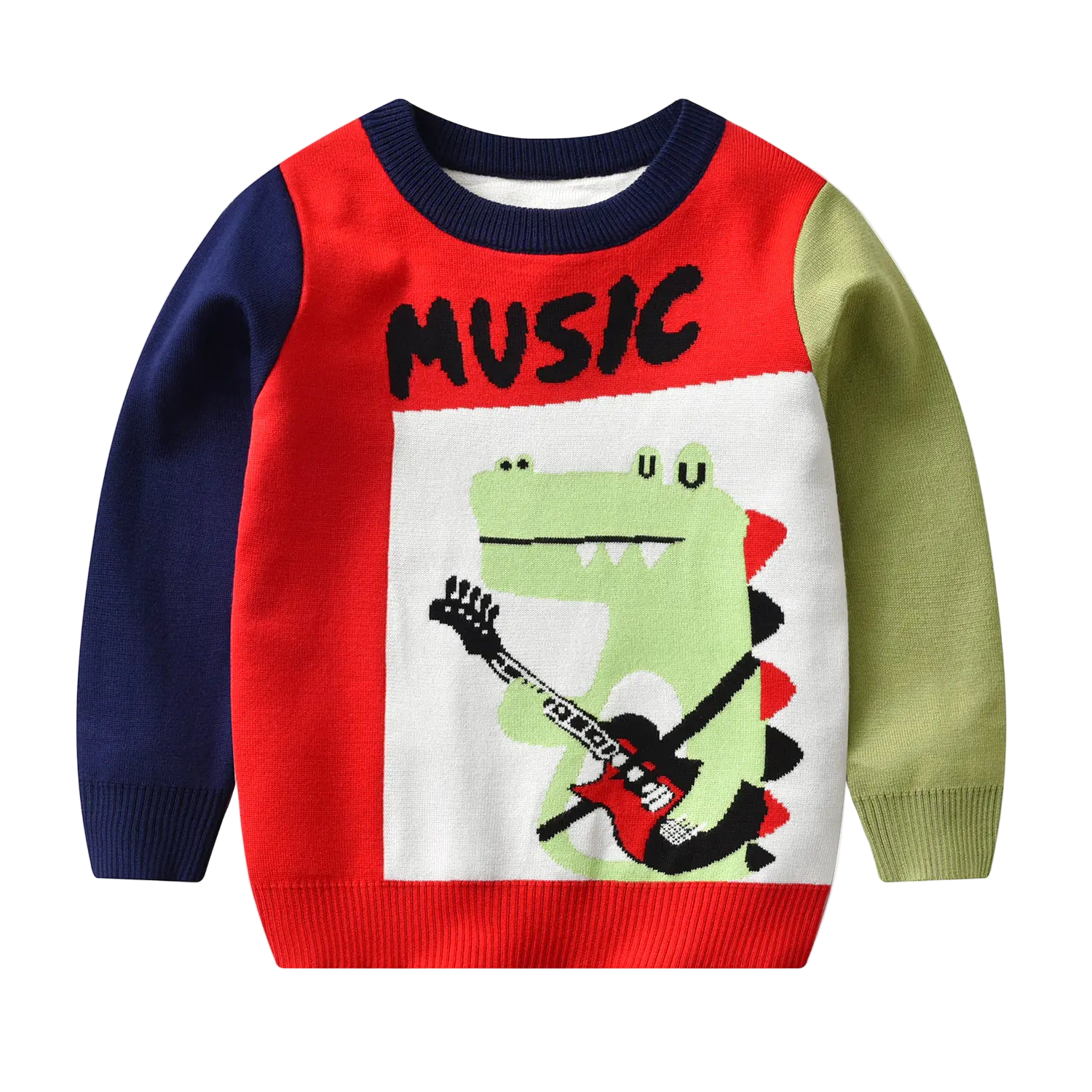 Children's sweater with a dinosaur playing guitar design and 'Music' text on a white background