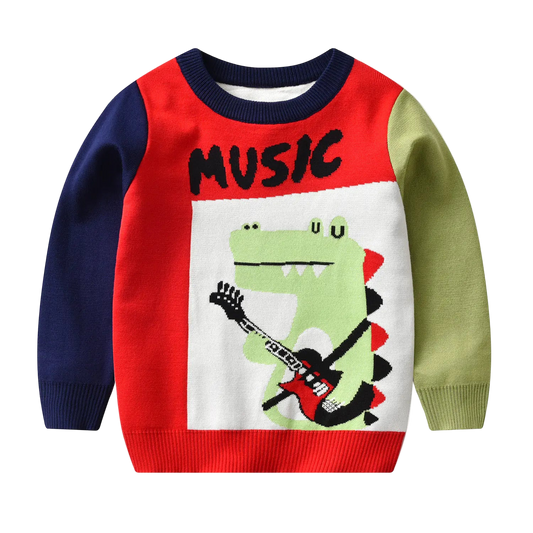 Children's sweater with a dinosaur playing guitar design and 'Music' text on a white background