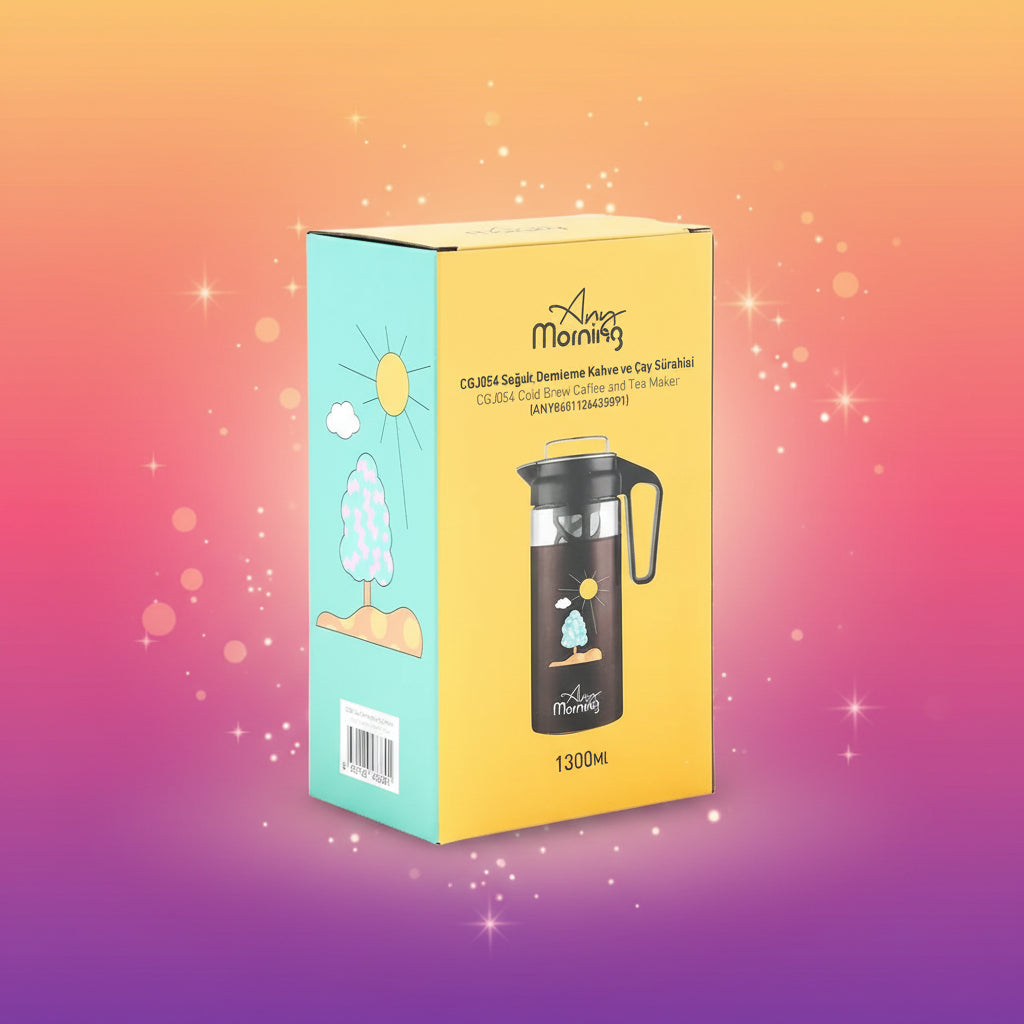 Moringa cold brew coffee and tea maker packaging with colorful design on a white background