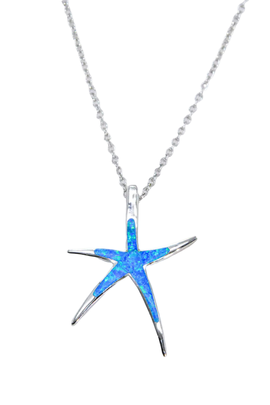 Star-shaped pendant with blue opal inlay on a silver chain against a white background