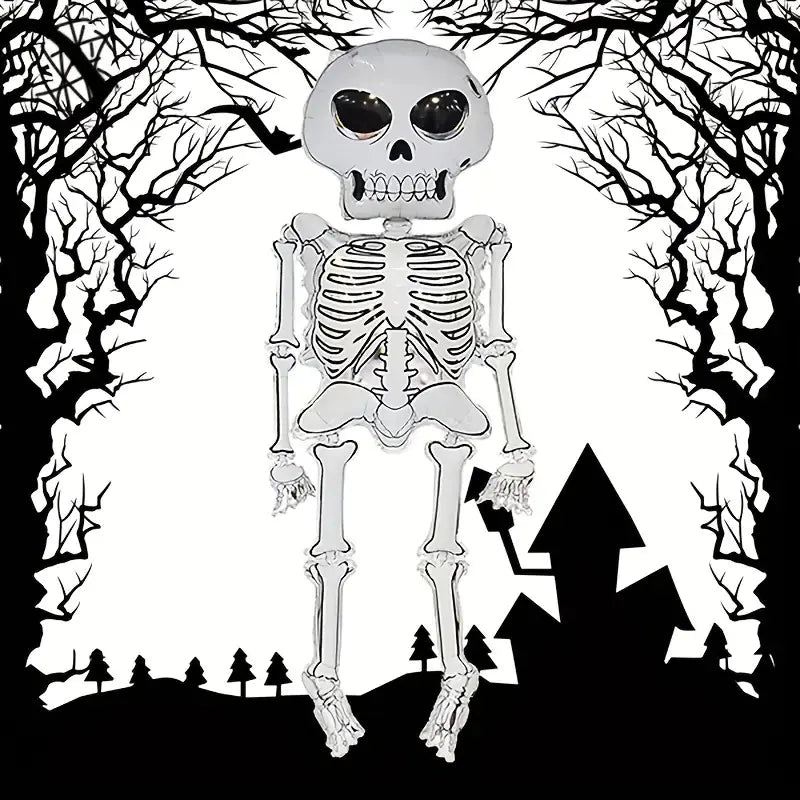 Skeletal figure against a Halloween-themed background with trees and a house.