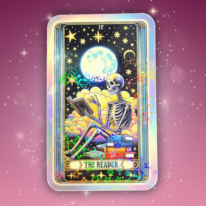 Colorful tarot card featuring a skeleton reading a book with a moon and star background.