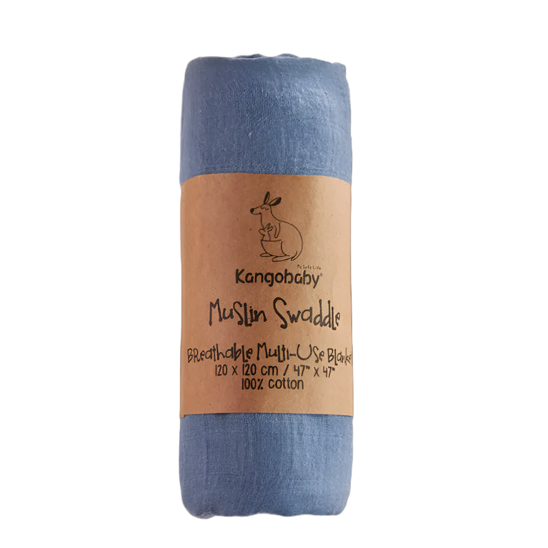 Blue muslin swaddle blanket with brown label on a white background