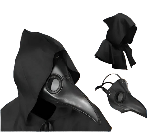 Black hooded cloak with a bird-like mask on a white background