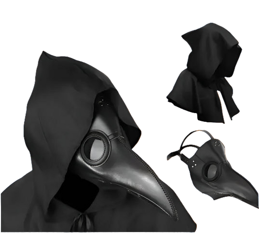 Black hooded cloak with a bird-like mask on a white background