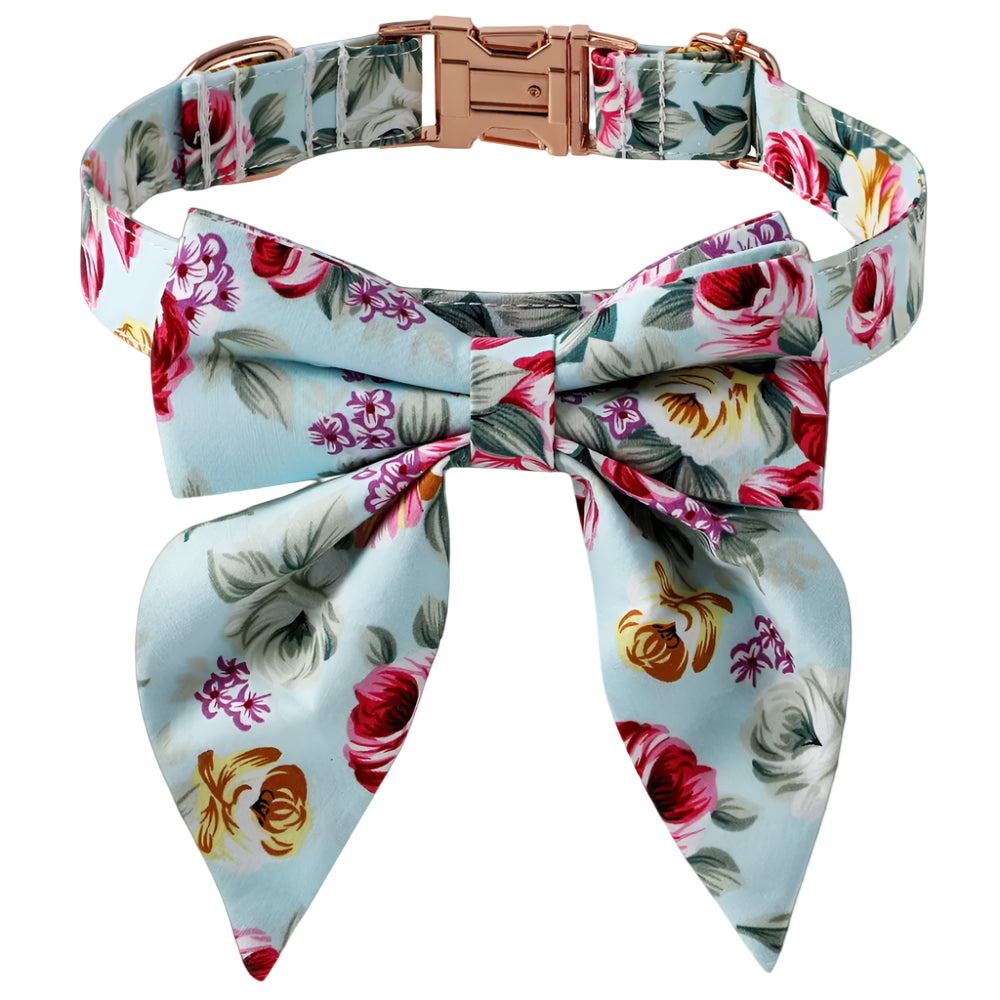 Floral patterned dog collar with a matching bow tie on a white background