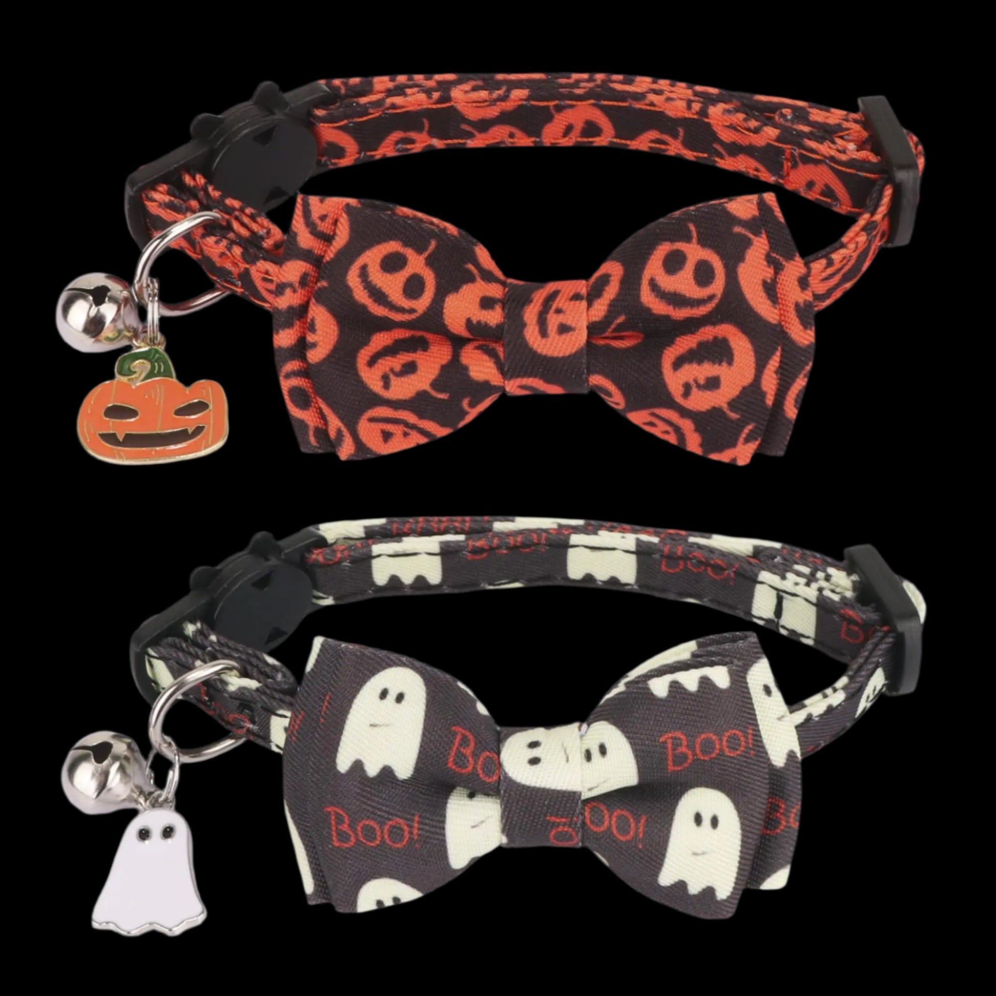 Halloween-themed dog collar and bow tie set with ghost and pumpkin designs on a white background.