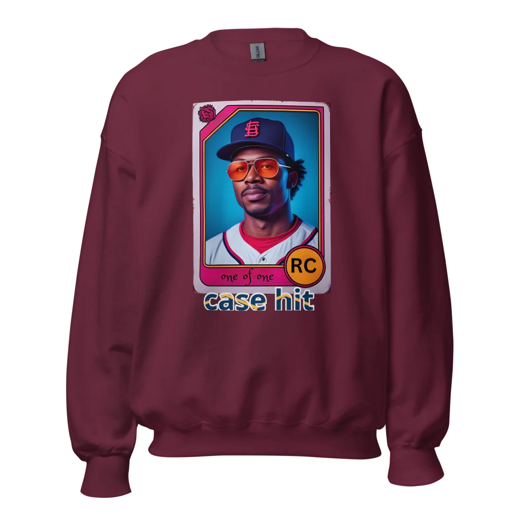 Maroon sweatshirt with a graphic of a baseball player and text on a white background