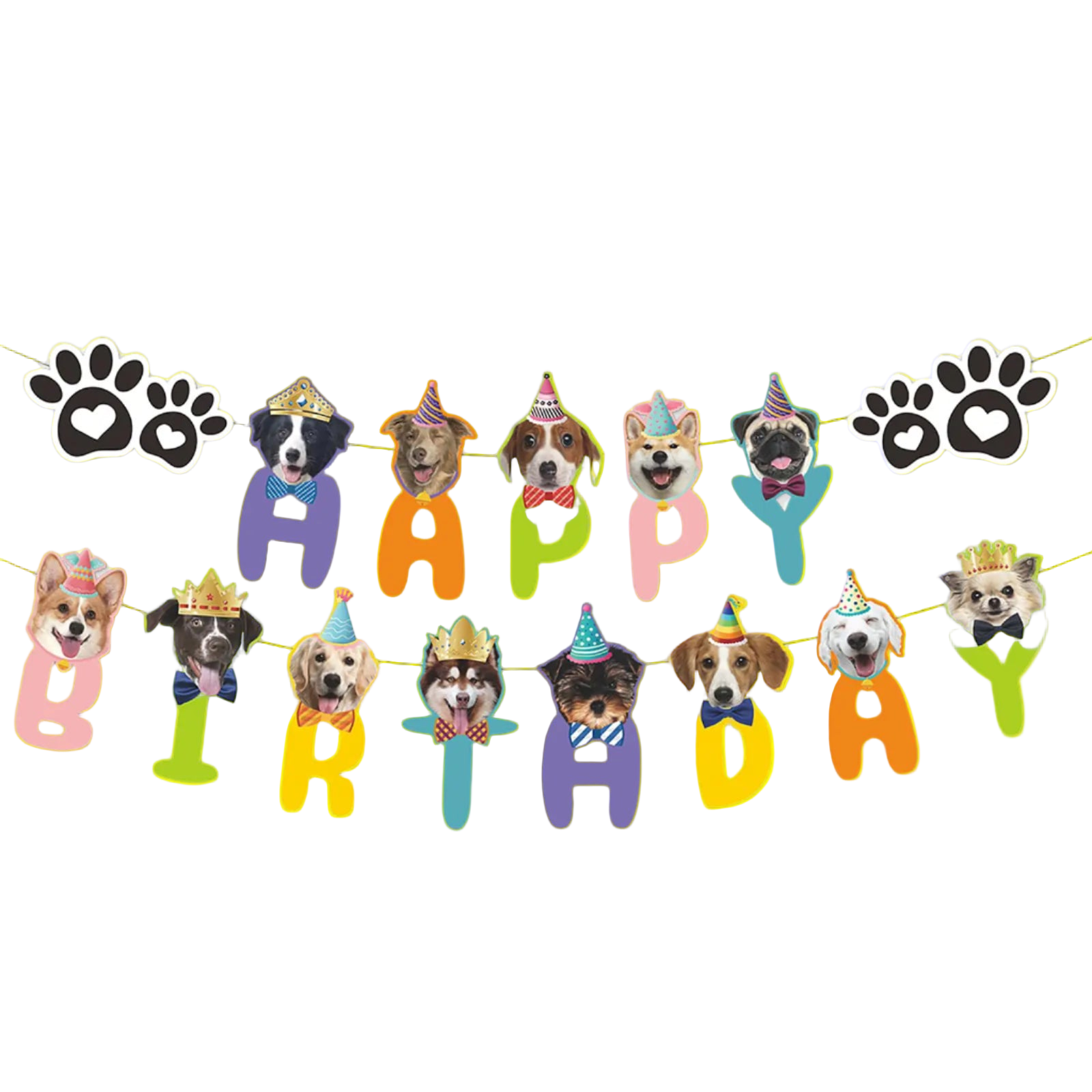 Dog-themed birthday banner with colorful letters spelling 'Happy Birthday' on a white background.