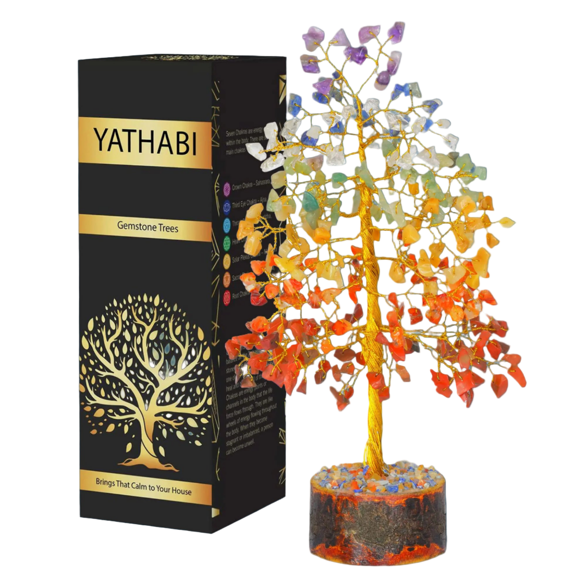 Colorful gemstone tree next to its packaging with 'Yathabi' branding.