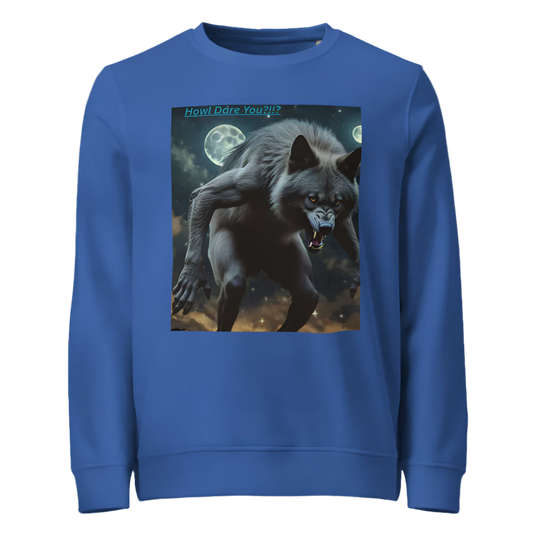 Blue sweatshirt with a graphic of a wolf and moon on a white background