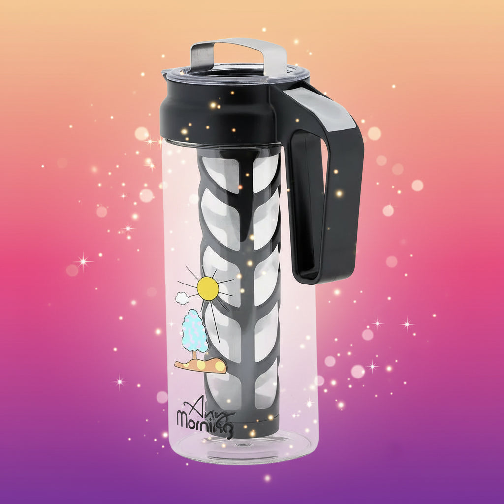 Clear water bottle with black lid and handle, featuring a tree and sun design on a white background.