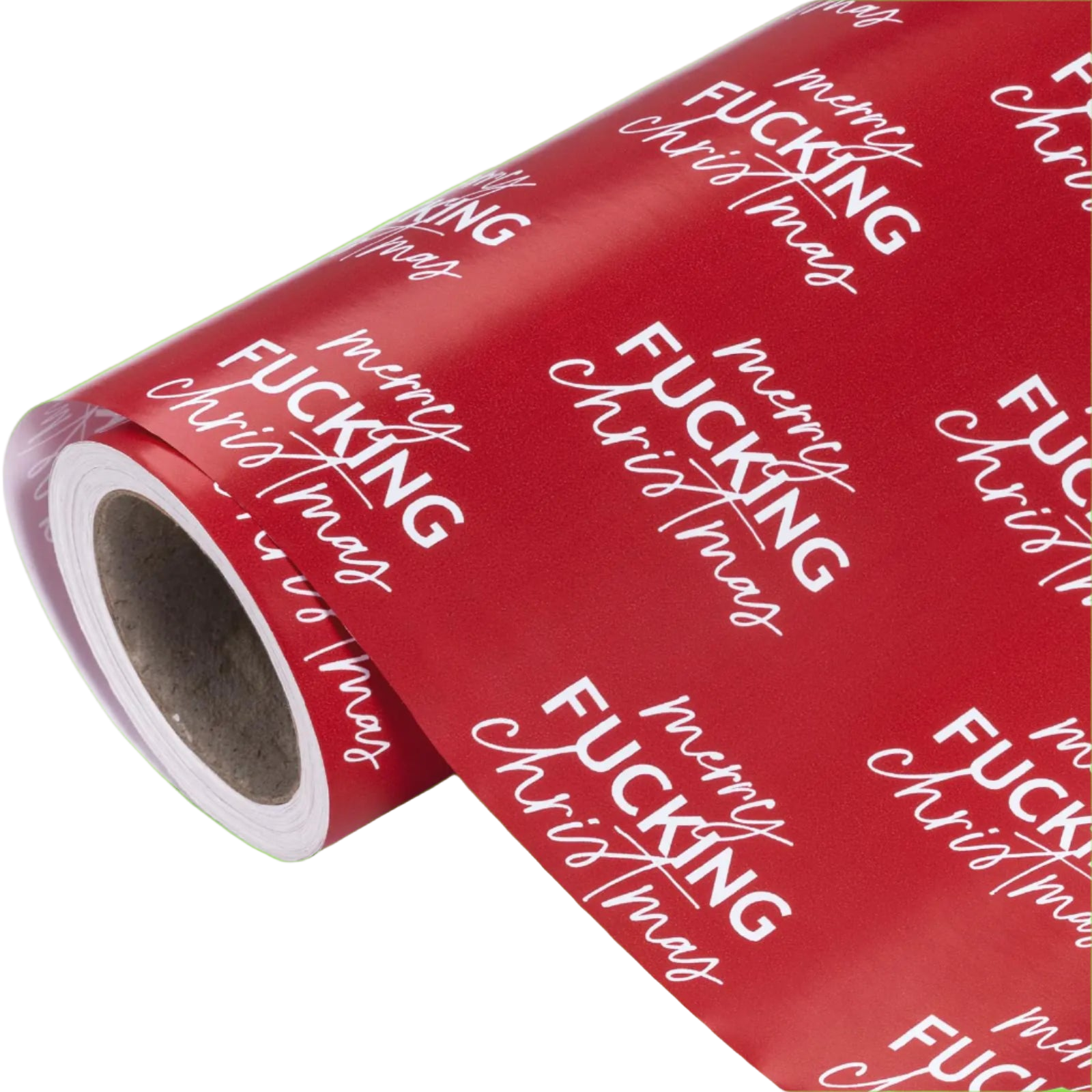 Roll of red wrapping paper with profane text on a white background