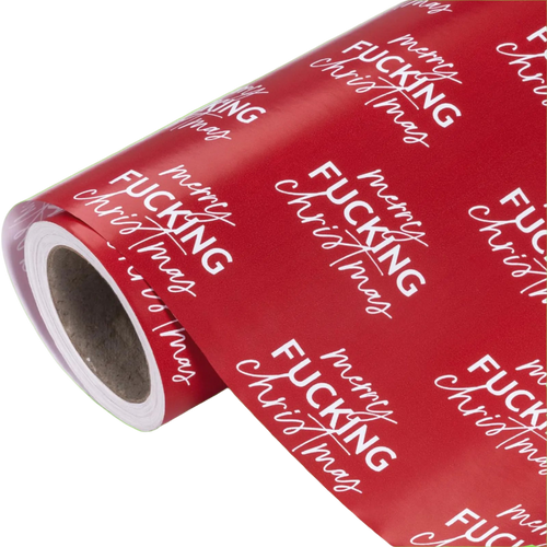 Roll of red wrapping paper with profane text on a white background