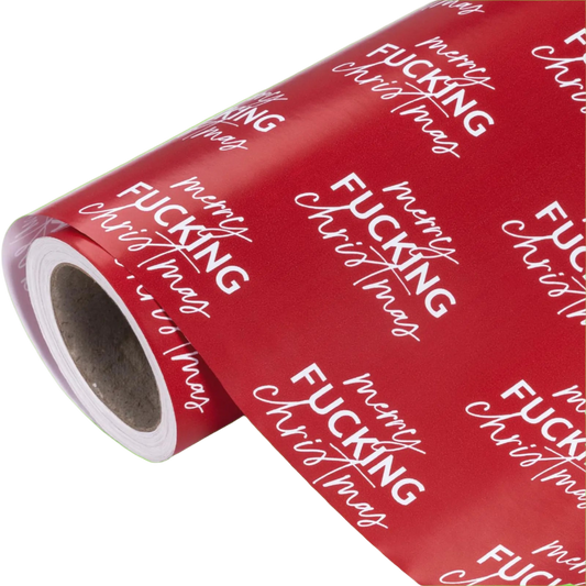 Roll of red wrapping paper with profane text on a white background