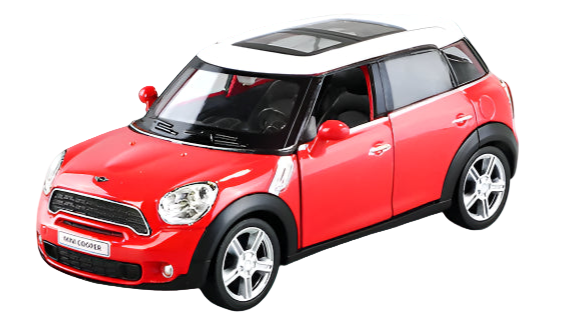 Red toy car with a white roof on a white background