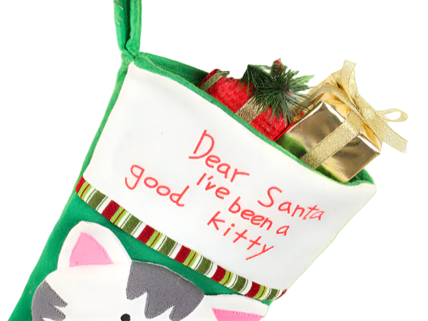 Christmas stocking with a message to Santa and cat-themed design.