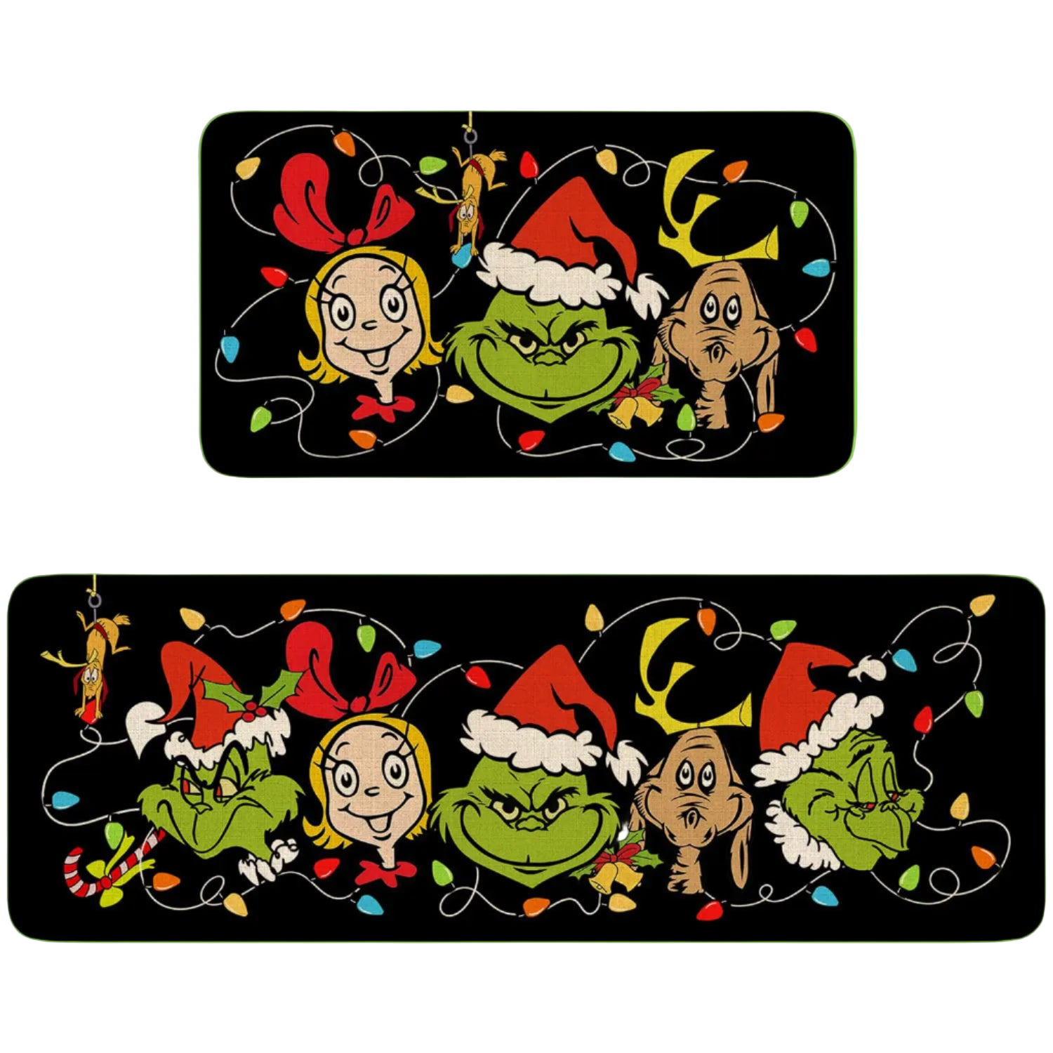 Two Christmas-themed car window stickers featuring cartoon characters with lights and Santa hats on a black background.