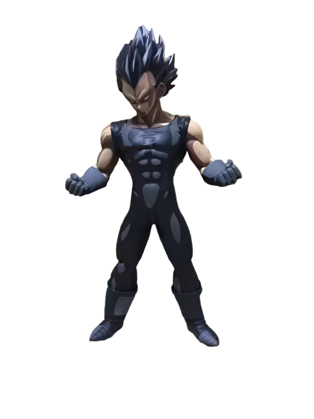 Action figure of a character in a dark blue and black outfit on a wicker surface.