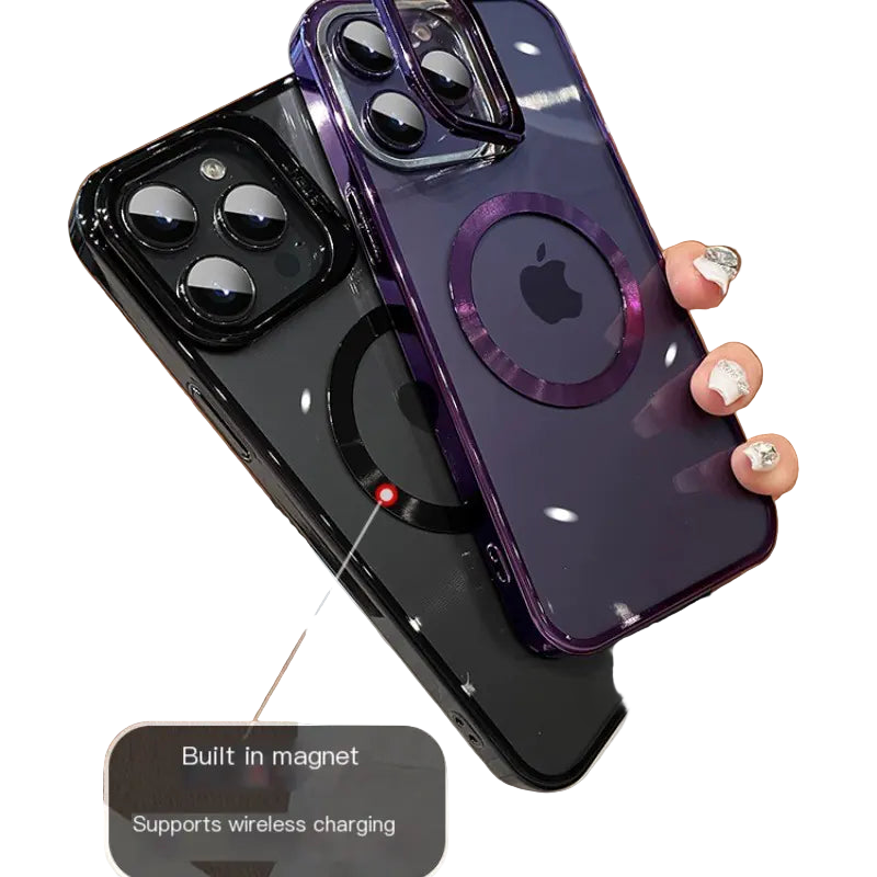 Smartphone with a purple case featuring a magnetic ring and wireless charging feature, held by a hand.
