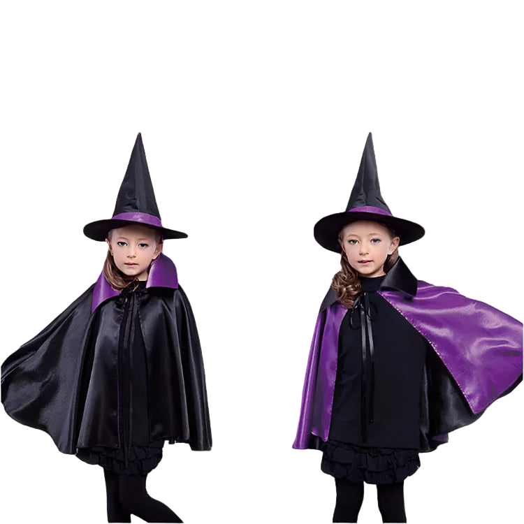 Two children wearing witch costumes with black hats and purple accents on a white background