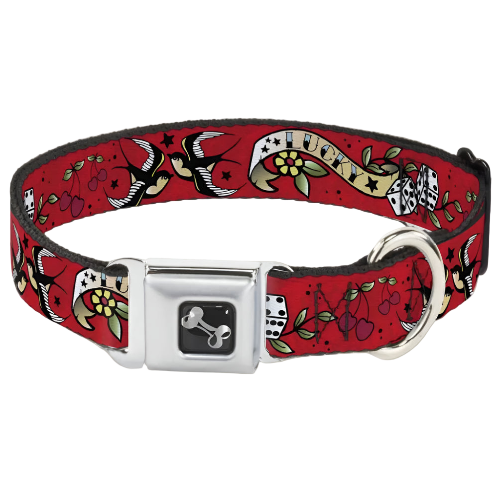 Red dog collar with tattoo-style designs on a white background
